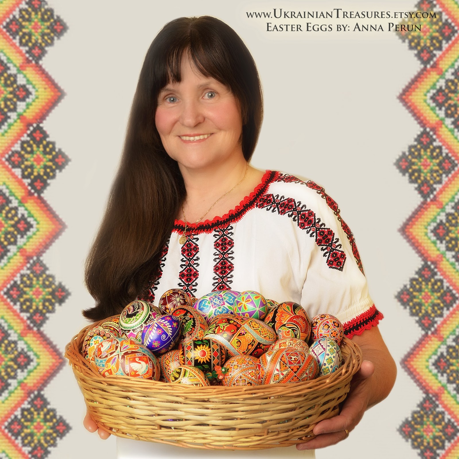 Anna Perun holding a basket full of eggs, wearing an embroidered shirt, with a colorful border on each side of the picture