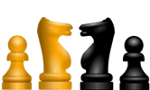 Chess pieces: light pawn and knight facing black pawn and knight