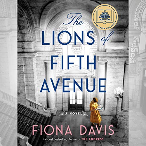 Book cover of Lions of 5th Avenue: woman reading a book standing in beautiful marble foyer of NY Public Library