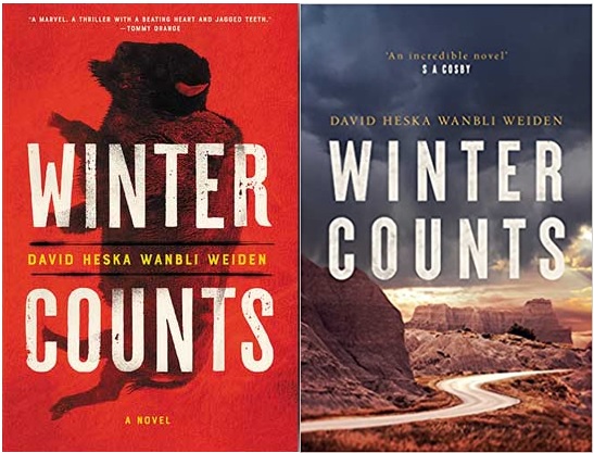2 book covers of Winter Counts: red cover with buffalo painting, and photo of western dirt road winding through mesas