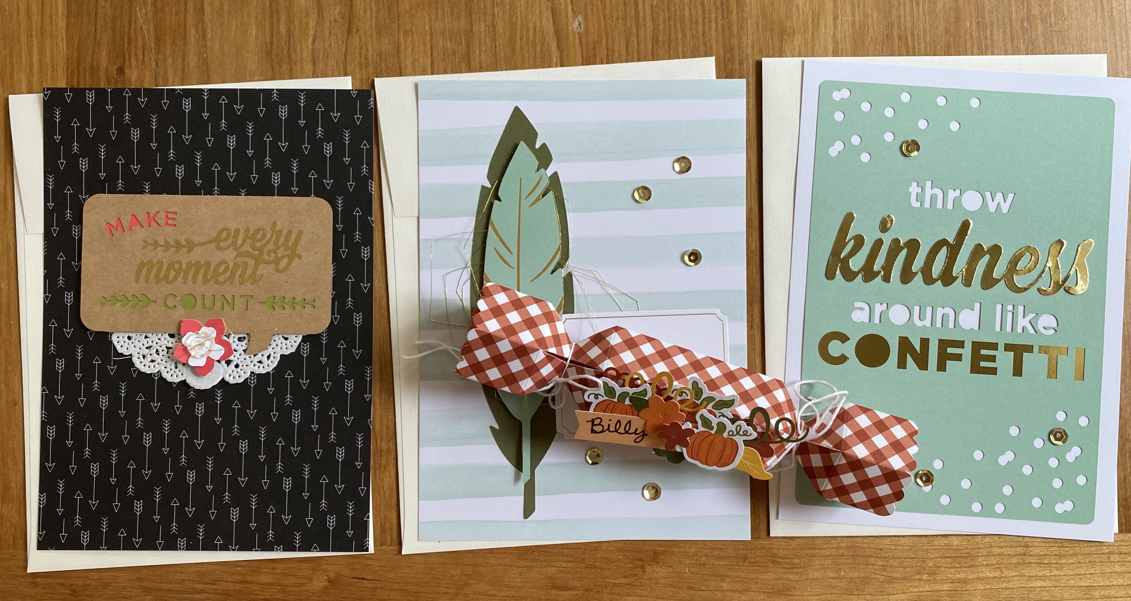 Three cards and a folded gift container (from a past monthly kit)