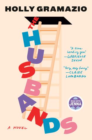 Cover of Holly Gramazio's, The Husbands. Against a pale beige cover, a series of letters colored blue, purple, red, and pink spells out the title of the novel. Based on the reader's perception, these letters may appear to be coming out or going into the attic on a ladder.