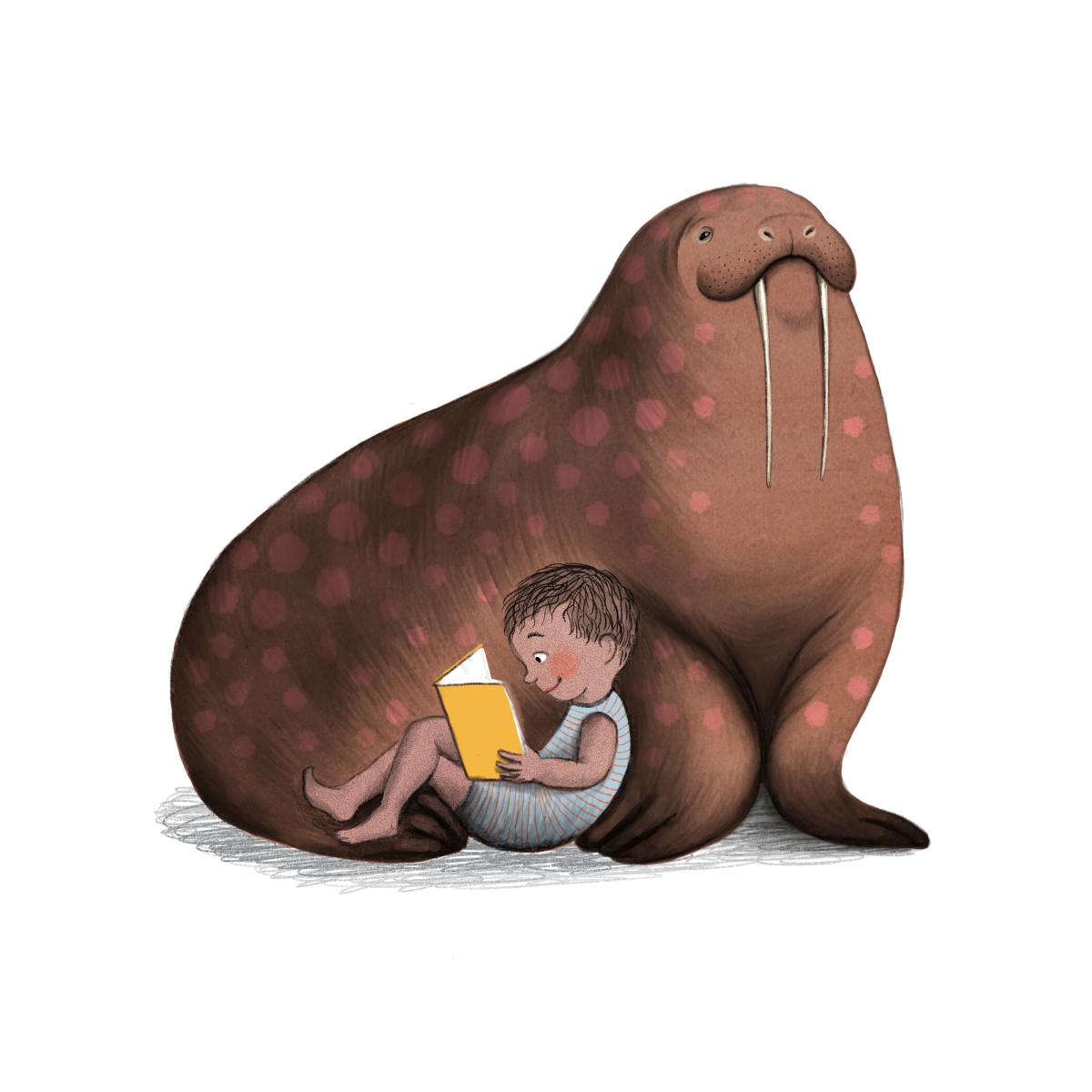 A child reads a book while resting against the side of a walrus